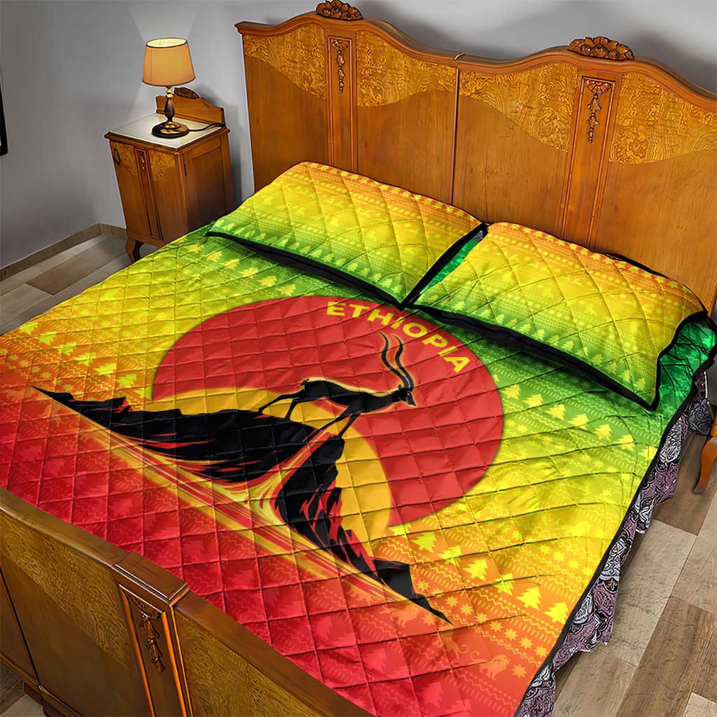 Ethiopia Christmas Quilt Bed Set with Mountain Gazelle Sunset Ethiopian Flag Colors and Tribal Pattern Design - Wonder Print Shop