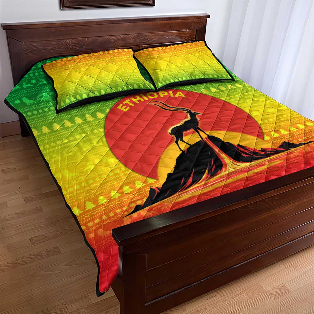Ethiopia Christmas Quilt Bed Set with Mountain Gazelle Sunset Ethiopian Flag Colors and Tribal Pattern Design - Wonder Print Shop