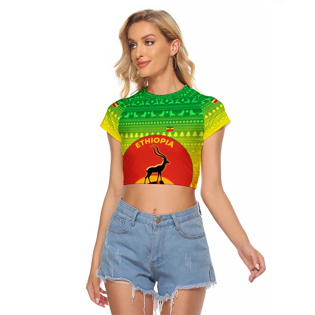 Ethiopia Christmas Raglan Cropped T Shirt with Mountain Gazelle Sunset Ethiopian Flag Colors and Tribal Pattern Design - Wonder Print Shop