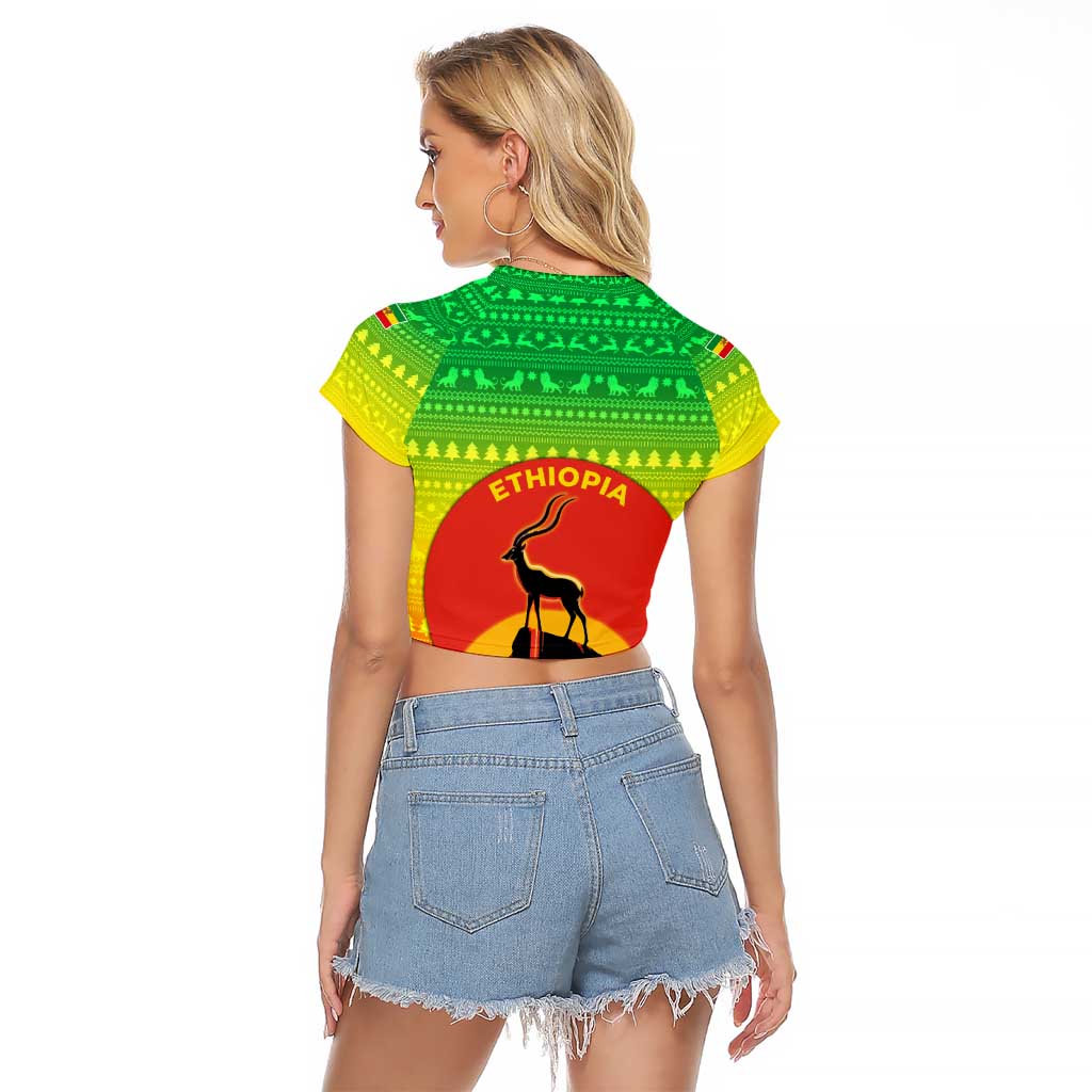 Ethiopia Christmas Raglan Cropped T Shirt with Mountain Gazelle Sunset Ethiopian Flag Colors and Tribal Pattern Design - Wonder Print Shop
