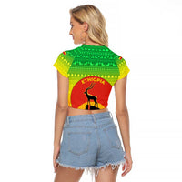 Ethiopia Christmas Raglan Cropped T Shirt with Mountain Gazelle Sunset Ethiopian Flag Colors and Tribal Pattern Design - Wonder Print Shop