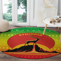 Ethiopia Christmas Round Carpet with Mountain Gazelle Sunset Ethiopian Flag Colors and Tribal Pattern Design - Wonder Print Shop