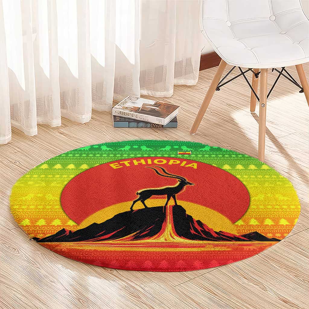 Ethiopia Christmas Round Carpet with Mountain Gazelle Sunset Ethiopian Flag Colors and Tribal Pattern Design - Wonder Print Shop