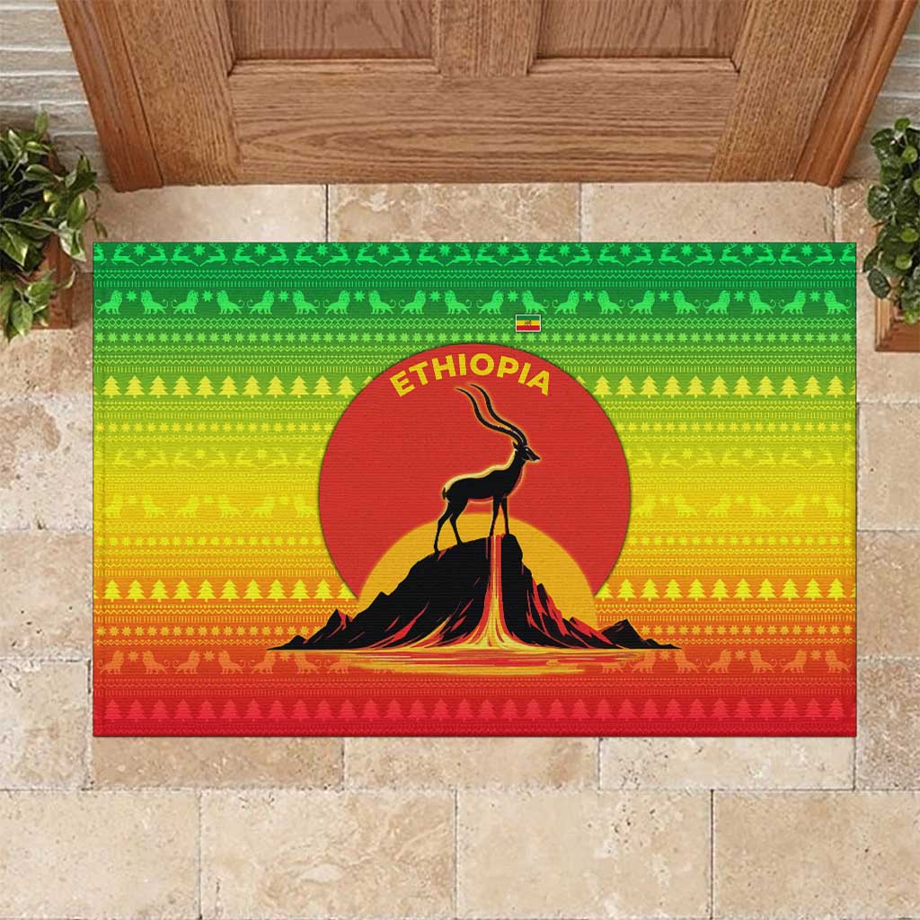 Ethiopia Christmas Rubber Doormat with Mountain Gazelle Sunset Ethiopian Flag Colors and Tribal Pattern Design - Wonder Print Shop