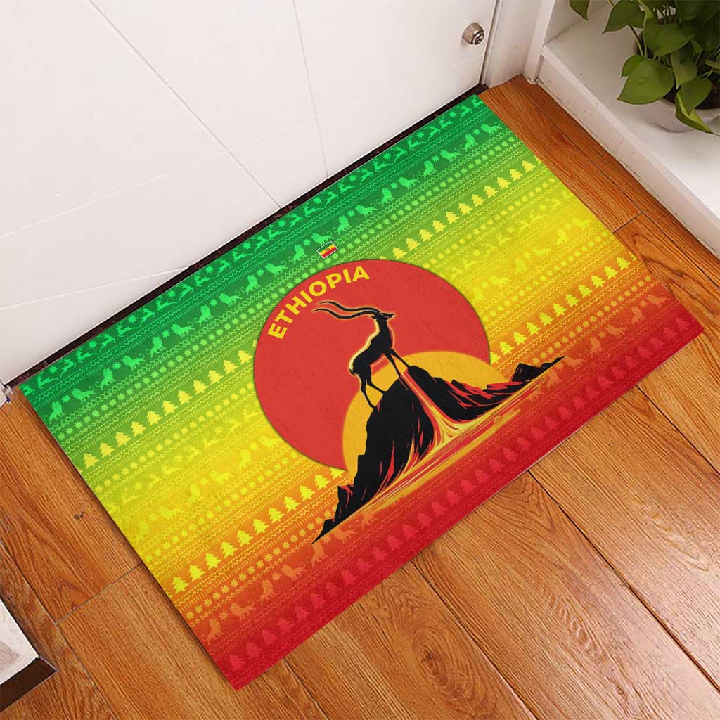 Ethiopia Christmas Rubber Doormat with Mountain Gazelle Sunset Ethiopian Flag Colors and Tribal Pattern Design - Wonder Print Shop