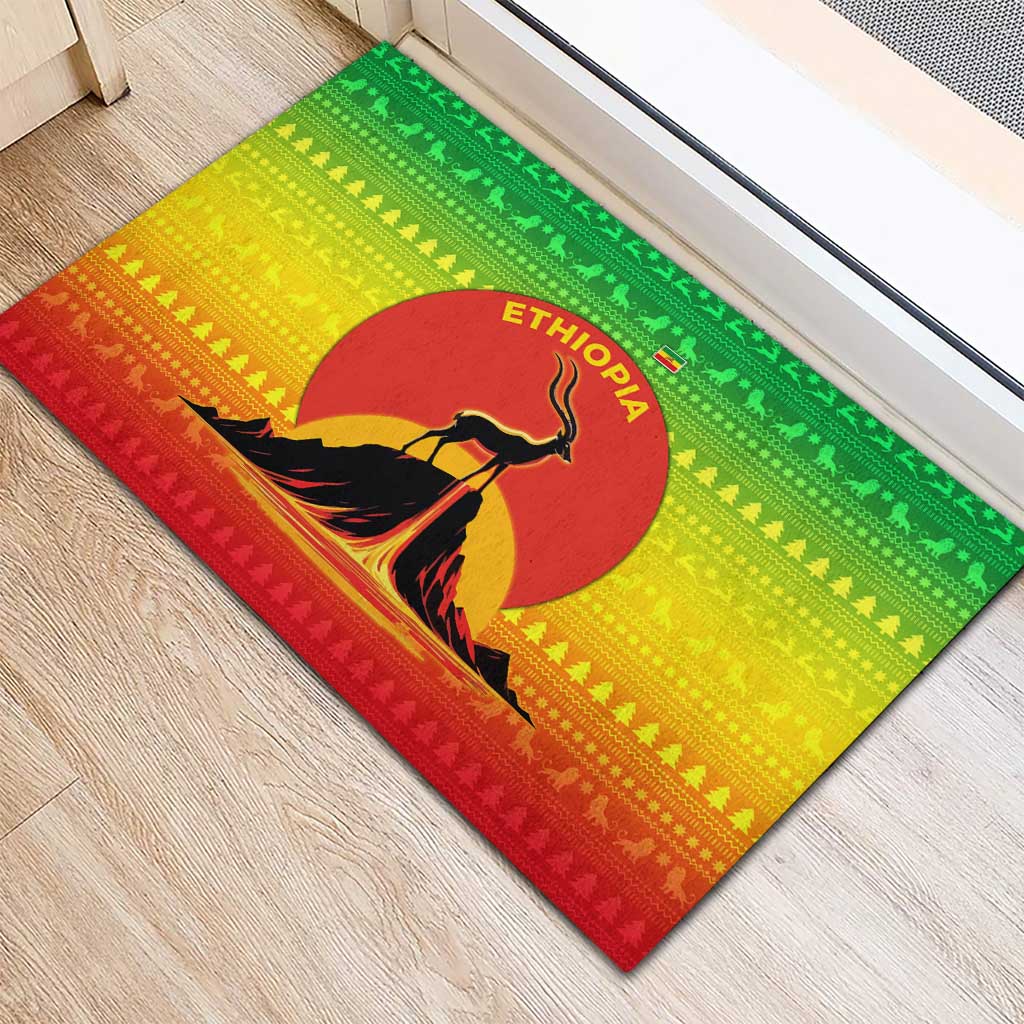 Ethiopia Christmas Rubber Doormat with Mountain Gazelle Sunset Ethiopian Flag Colors and Tribal Pattern Design - Wonder Print Shop