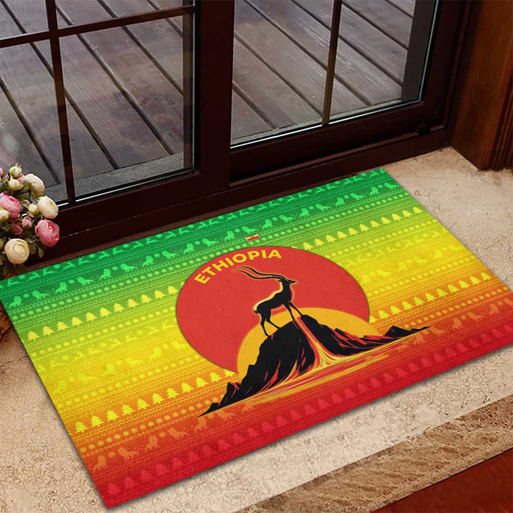 Ethiopia Christmas Rubber Doormat with Mountain Gazelle Sunset Ethiopian Flag Colors and Tribal Pattern Design - Wonder Print Shop