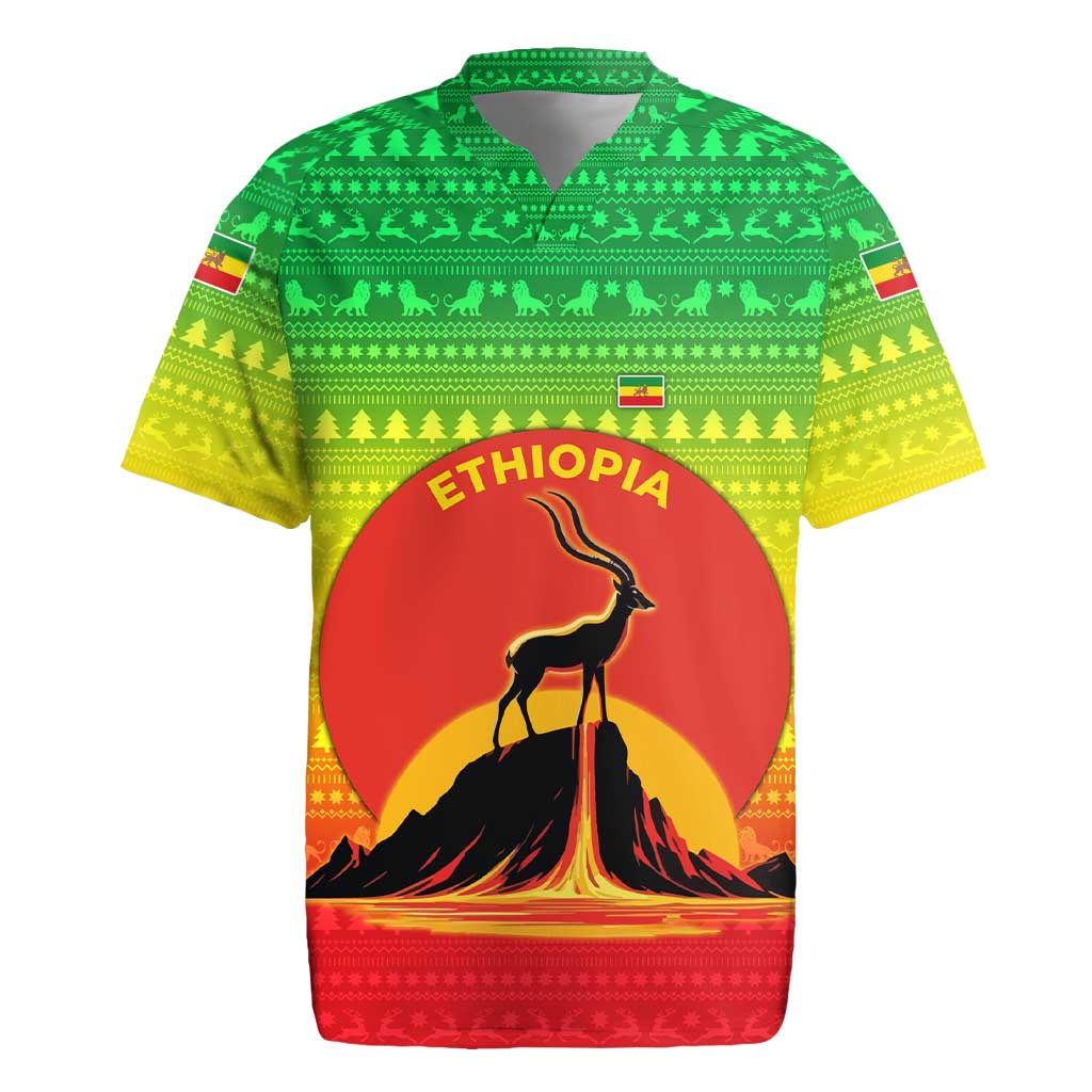 Ethiopia Christmas Rugby Jersey with Mountain Gazelle Sunset Ethiopian Flag Colors and Tribal Pattern Design - Wonder Print Shop