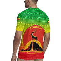 Ethiopia Christmas Rugby Jersey with Mountain Gazelle Sunset Ethiopian Flag Colors and Tribal Pattern Design - Wonder Print Shop