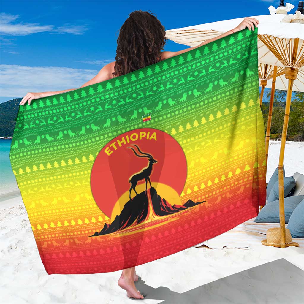 Ethiopia Christmas Sarong with Mountain Gazelle Sunset Ethiopian Flag Colors and Tribal Pattern Design - Wonder Print Shop