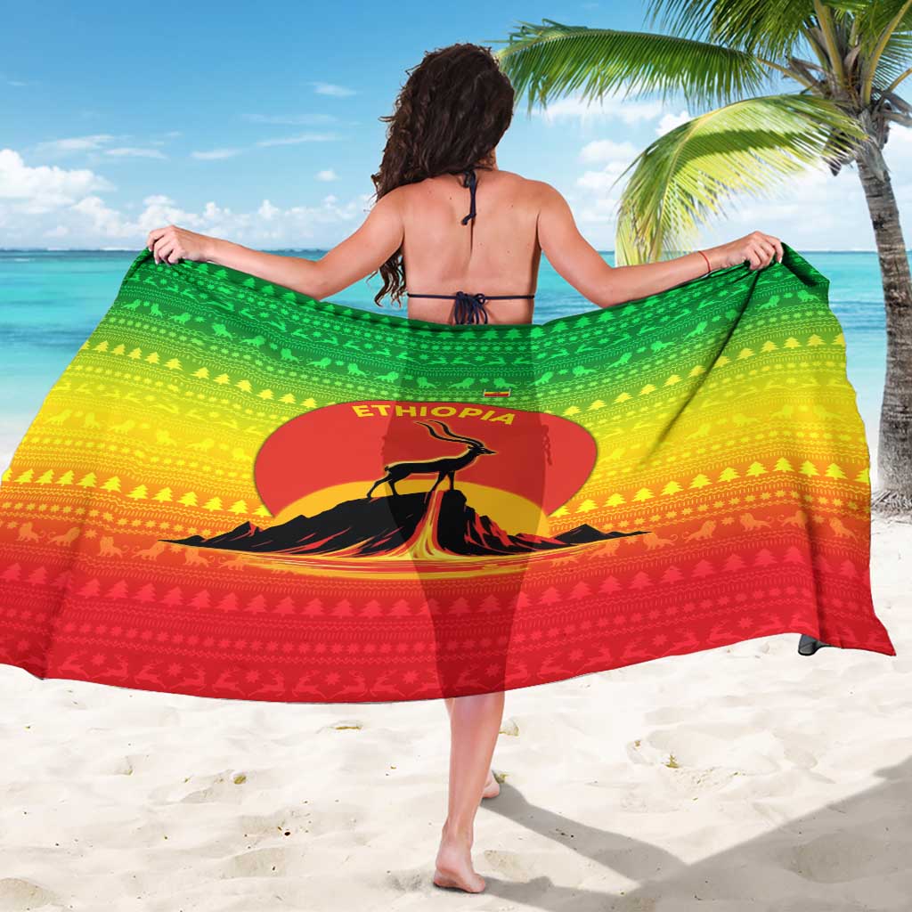 Ethiopia Christmas Sarong with Mountain Gazelle Sunset Ethiopian Flag Colors and Tribal Pattern Design - Wonder Print Shop