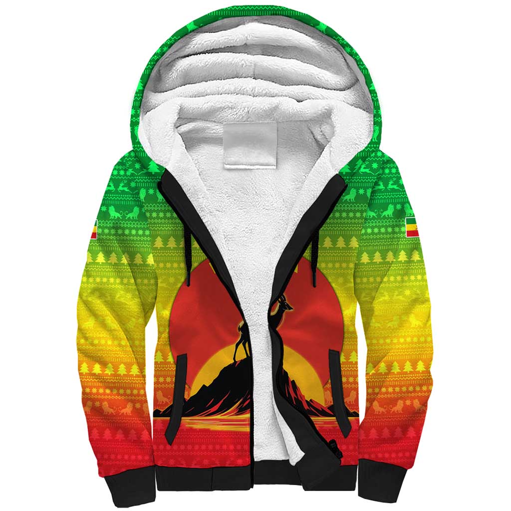 Ethiopia Christmas Sherpa Hoodie with Mountain Gazelle Sunset Ethiopian Flag Colors and Tribal Pattern Design - Wonder Print Shop
