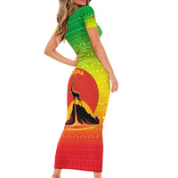 Ethiopia Christmas Short Sleeve Bodycon Dress with Mountain Gazelle Sunset Ethiopian Flag Colors and Tribal Pattern Design - Wonder Print Shop