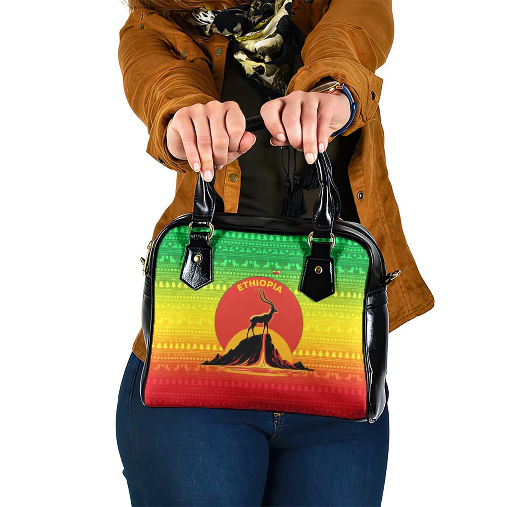Ethiopia Christmas Shoulder Handbag with Mountain Gazelle Sunset Ethiopian Flag Colors and Tribal Pattern Design - Wonder Print Shop