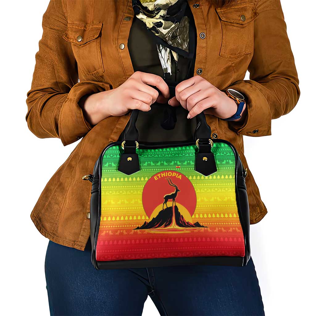 Ethiopia Christmas Shoulder Handbag with Mountain Gazelle Sunset Ethiopian Flag Colors and Tribal Pattern Design - Wonder Print Shop