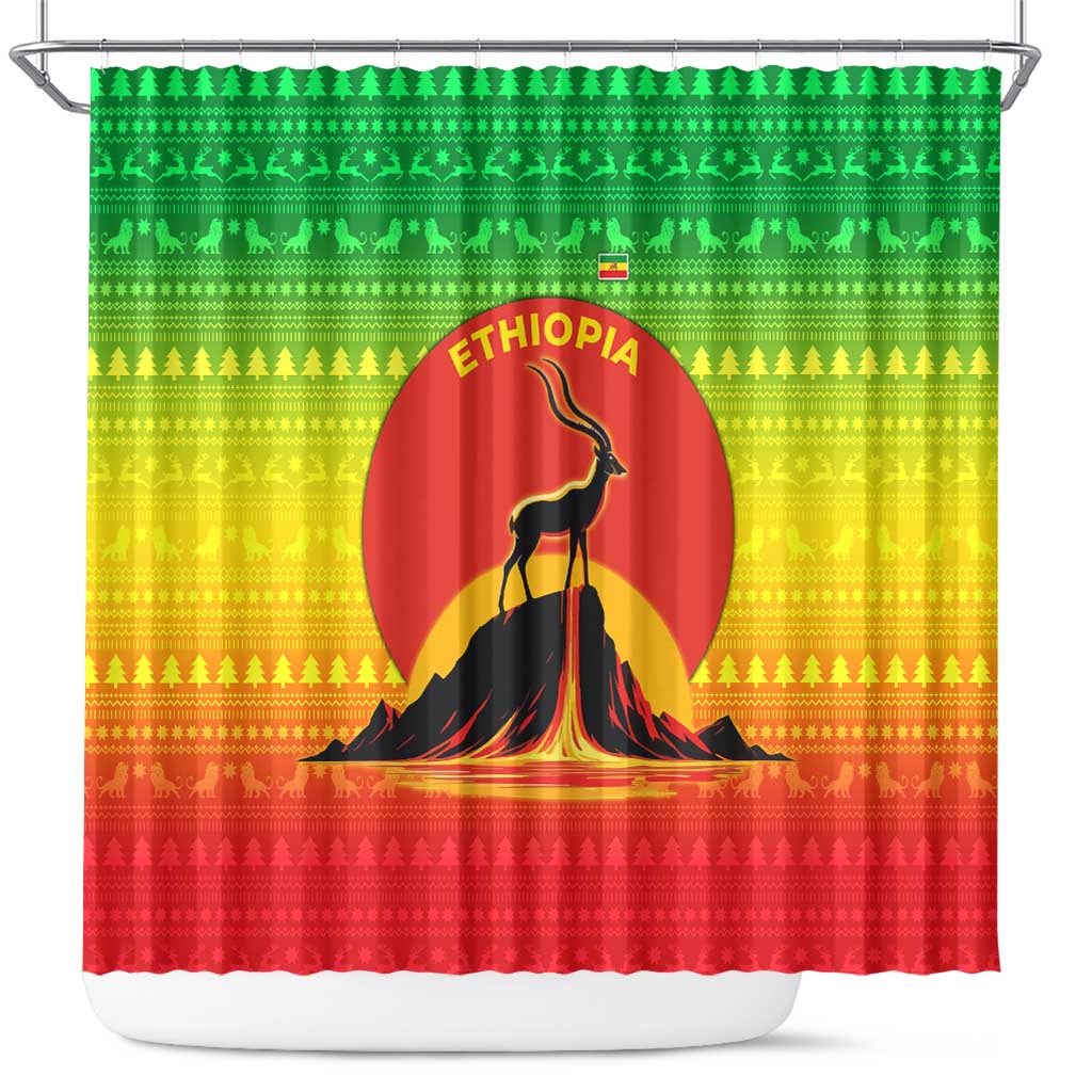 Ethiopia Christmas Shower Curtain with Mountain Gazelle Sunset Ethiopian Flag Colors and Tribal Pattern Design - Wonder Print Shop