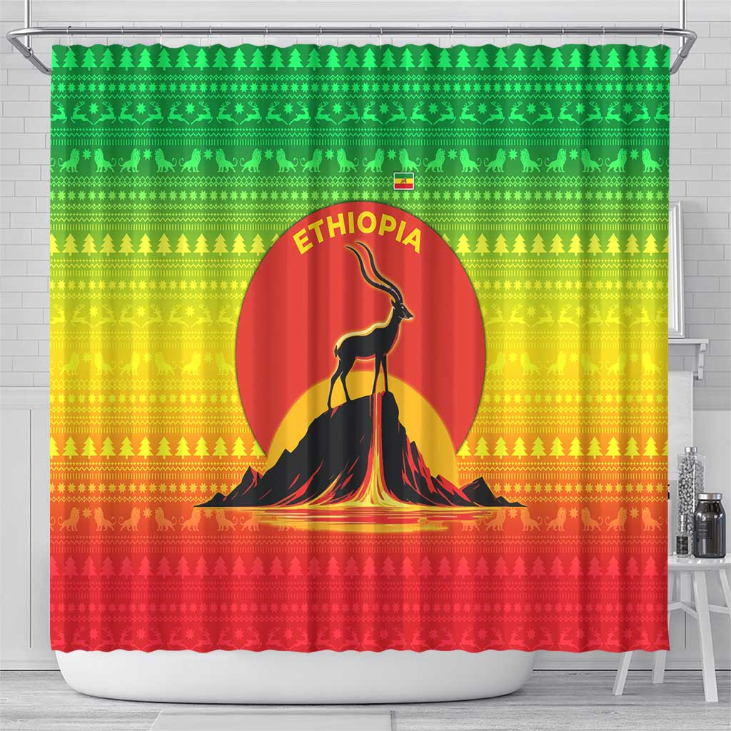 Ethiopia Christmas Shower Curtain with Mountain Gazelle Sunset Ethiopian Flag Colors and Tribal Pattern Design - Wonder Print Shop