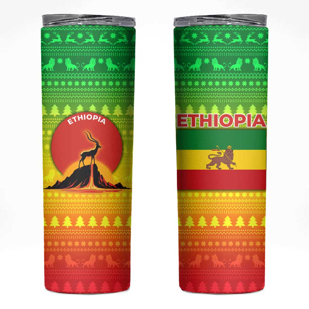 Ethiopia Christmas Skinny Tumbler with Mountain Gazelle Sunset Ethiopian Flag Colors and Tribal Pattern Design - Wonder Print Shop