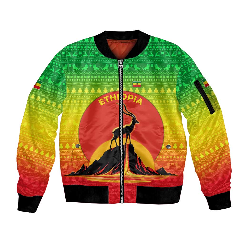 Ethiopia Christmas Sleeve Zip Bomber Jacket with Mountain Gazelle Sunset Ethiopian Flag Colors and Tribal Pattern Design - Wonder Print Shop