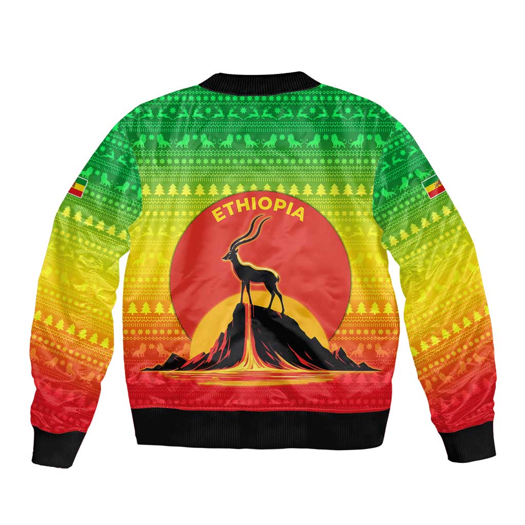Ethiopia Christmas Sleeve Zip Bomber Jacket with Mountain Gazelle Sunset Ethiopian Flag Colors and Tribal Pattern Design - Wonder Print Shop