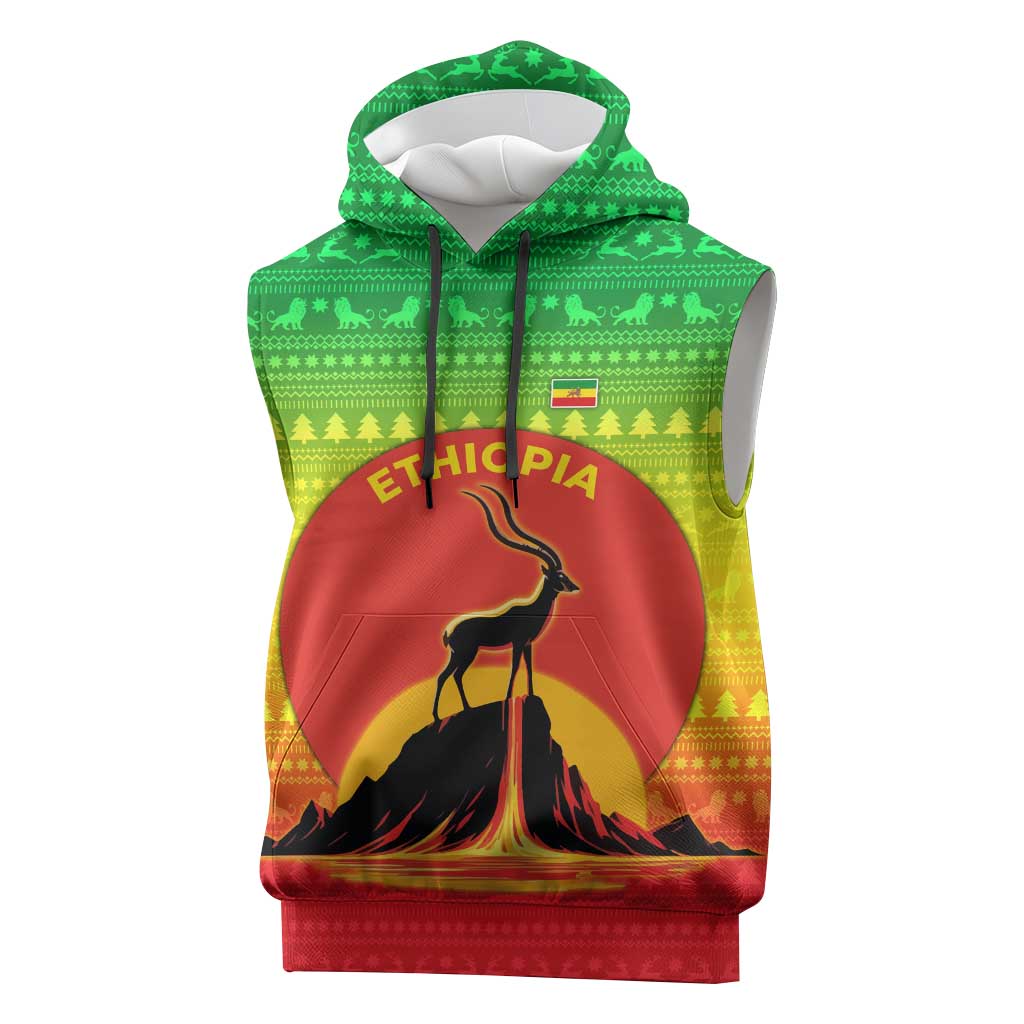 Ethiopia Christmas Sleeveless Hoodie with Mountain Gazelle Sunset Ethiopian Flag Colors and Tribal Pattern Design - Wonder Print Shop