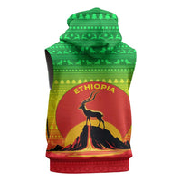 Ethiopia Christmas Sleeveless Hoodie with Mountain Gazelle Sunset Ethiopian Flag Colors and Tribal Pattern Design - Wonder Print Shop