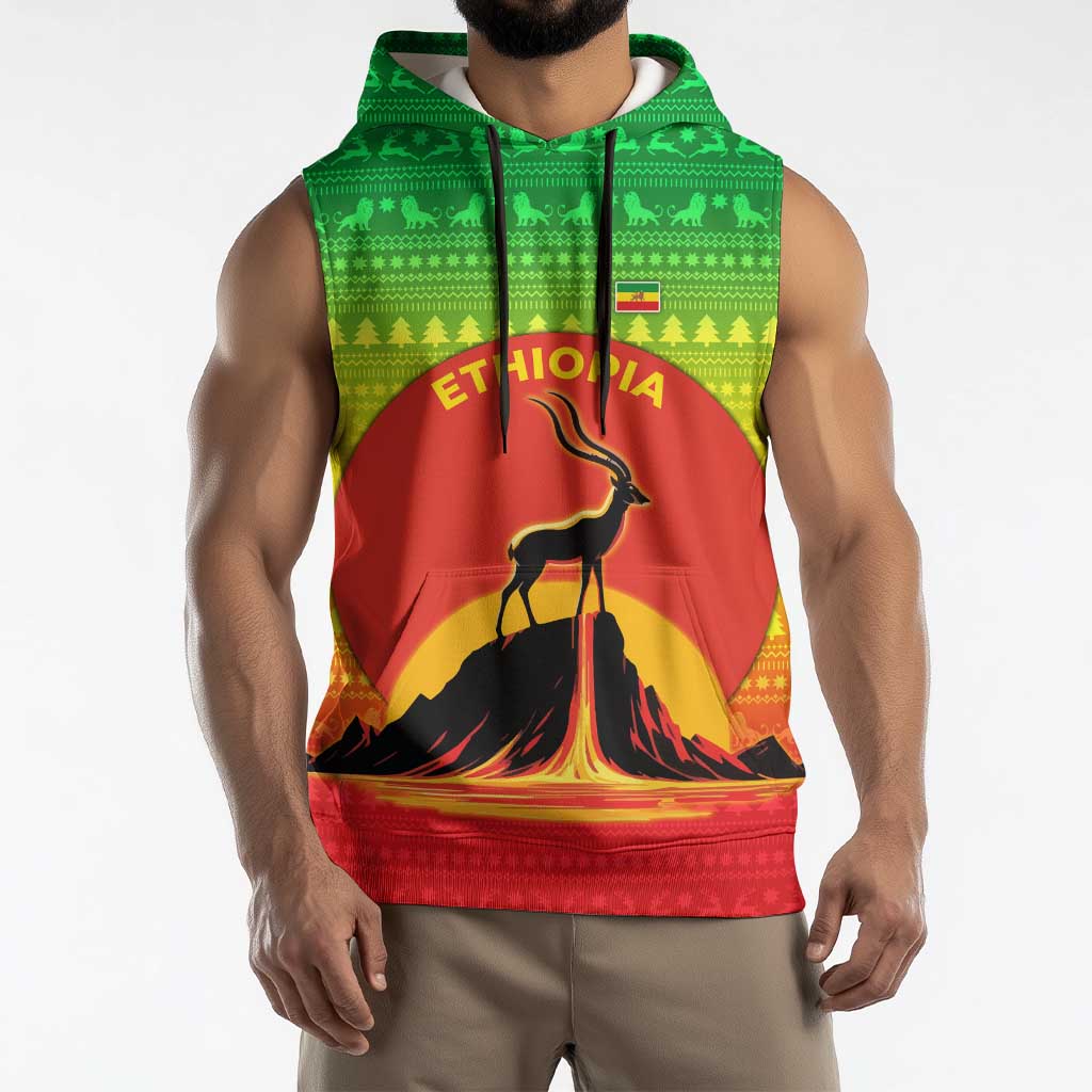 Ethiopia Christmas Sleeveless Hoodie with Mountain Gazelle Sunset Ethiopian Flag Colors and Tribal Pattern Design - Wonder Print Shop