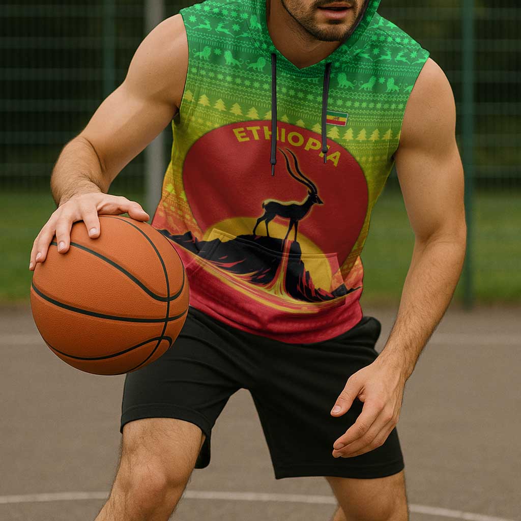 Ethiopia Christmas Sleeveless Hoodie with Mountain Gazelle Sunset Ethiopian Flag Colors and Tribal Pattern Design - Wonder Print Shop
