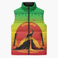 Ethiopia Christmas Sleeveless Puffer Jacket with Mountain Gazelle Sunset Ethiopian Flag Colors and Tribal Pattern Design - Wonder Print Shop