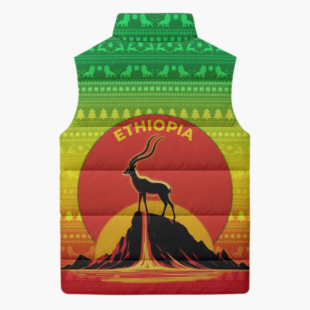 Ethiopia Christmas Sleeveless Puffer Jacket with Mountain Gazelle Sunset Ethiopian Flag Colors and Tribal Pattern Design - Wonder Print Shop