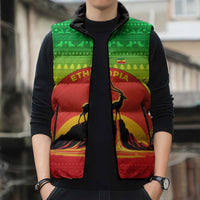 Ethiopia Christmas Sleeveless Puffer Jacket with Mountain Gazelle Sunset Ethiopian Flag Colors and Tribal Pattern Design - Wonder Print Shop