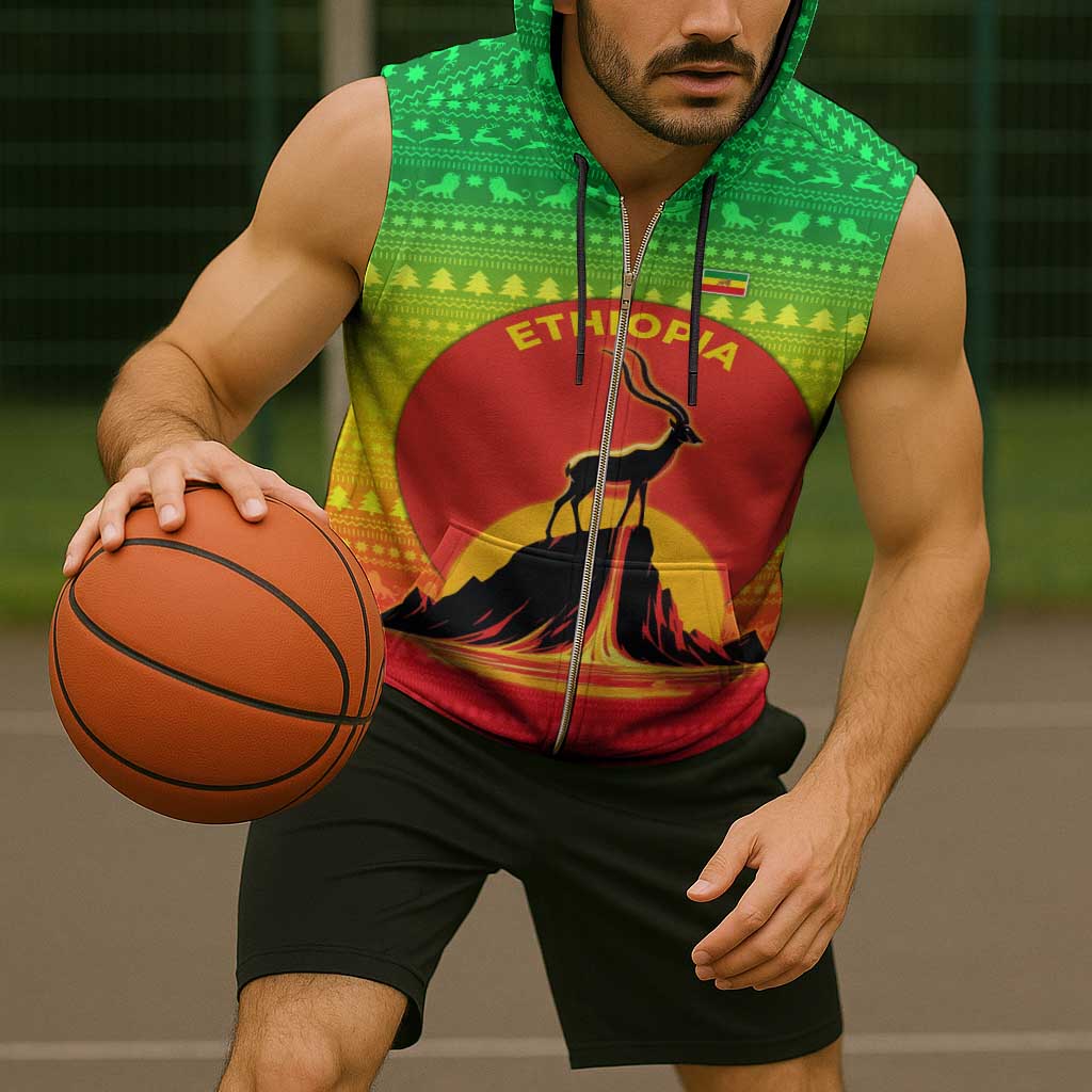 Ethiopia Christmas Sleeveless Zip Hoodie with Mountain Gazelle Sunset Ethiopian Flag Colors and Tribal Pattern Design - Wonder Print Shop
