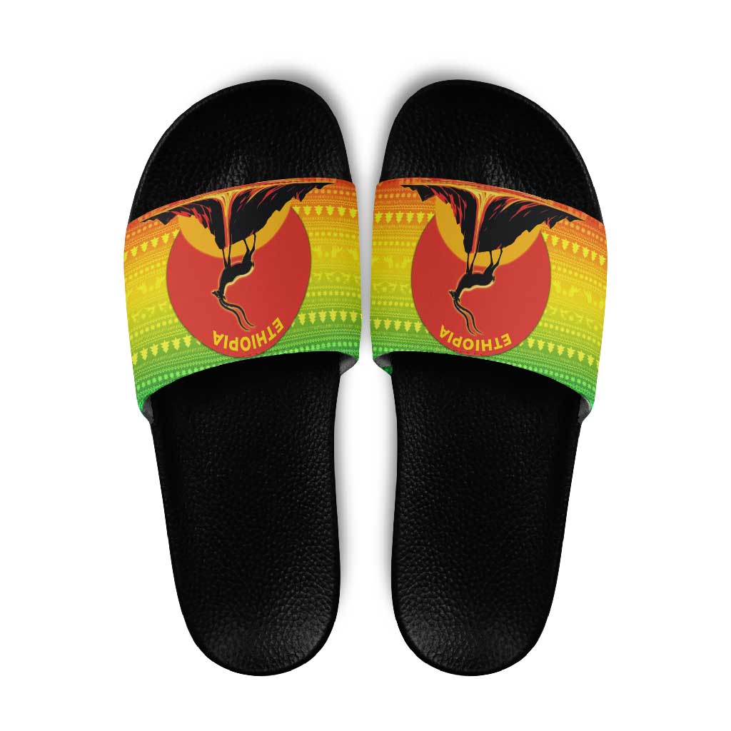 Ethiopia Christmas Slide Sandals with Mountain Gazelle Sunset Ethiopian Flag Colors and Tribal Pattern Design - Wonder Print Shop