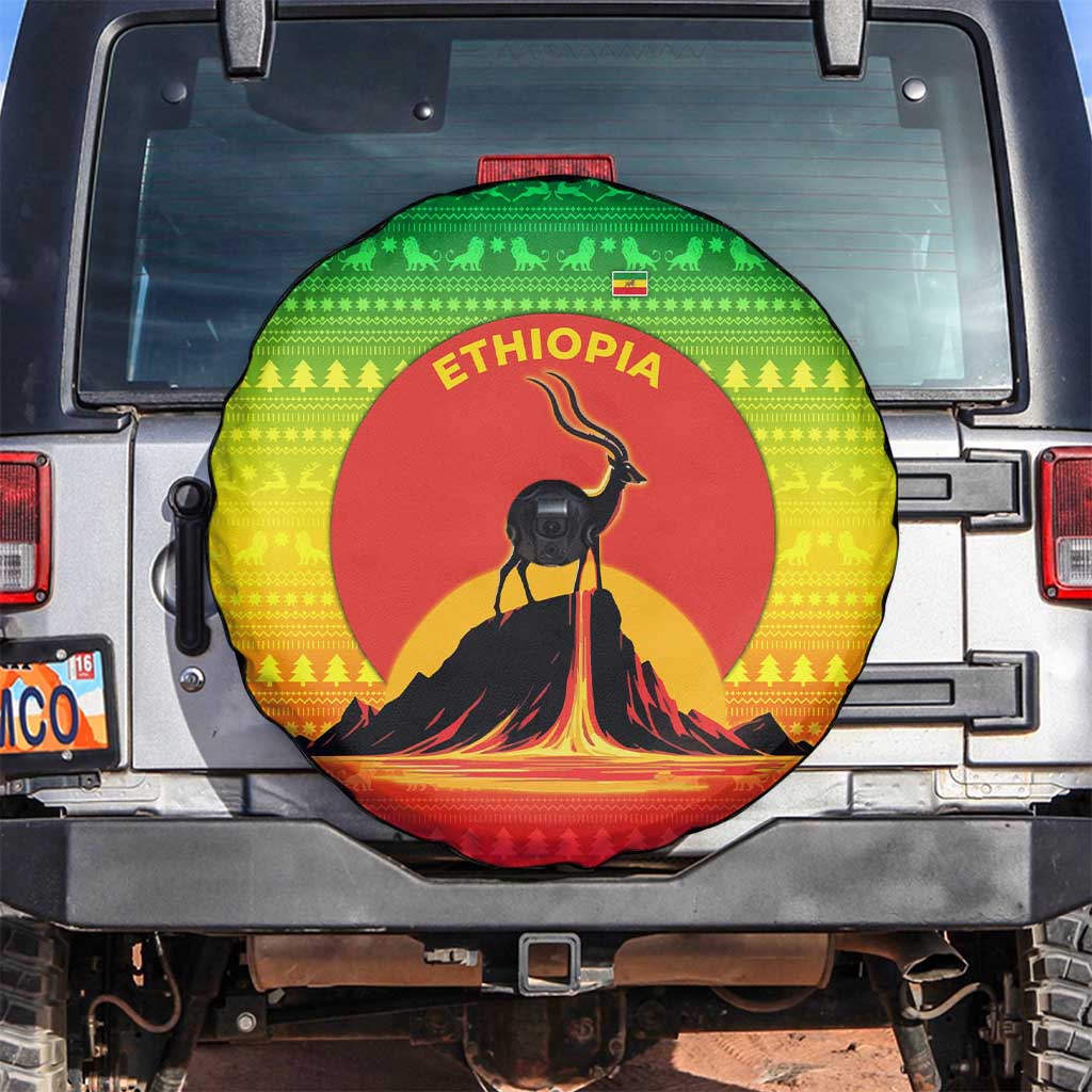 Ethiopia Christmas Spare Tire Cover with Mountain Gazelle Sunset Ethiopian Flag Colors and Tribal Pattern Design - Wonder Print Shop