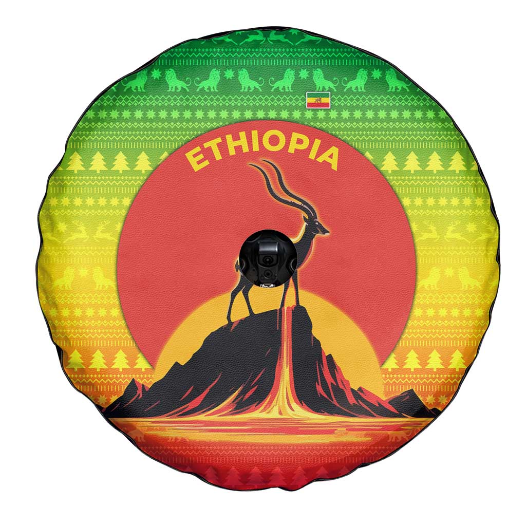 Ethiopia Christmas Spare Tire Cover with Mountain Gazelle Sunset Ethiopian Flag Colors and Tribal Pattern Design - Wonder Print Shop