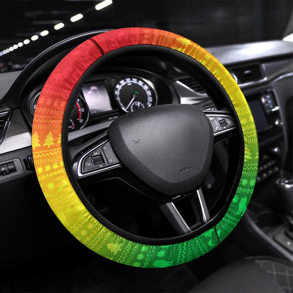 Ethiopia Christmas Steering Wheel Cover with Mountain Gazelle Sunset Ethiopian Flag Colors and Tribal Pattern Design - Wonder Print Shop