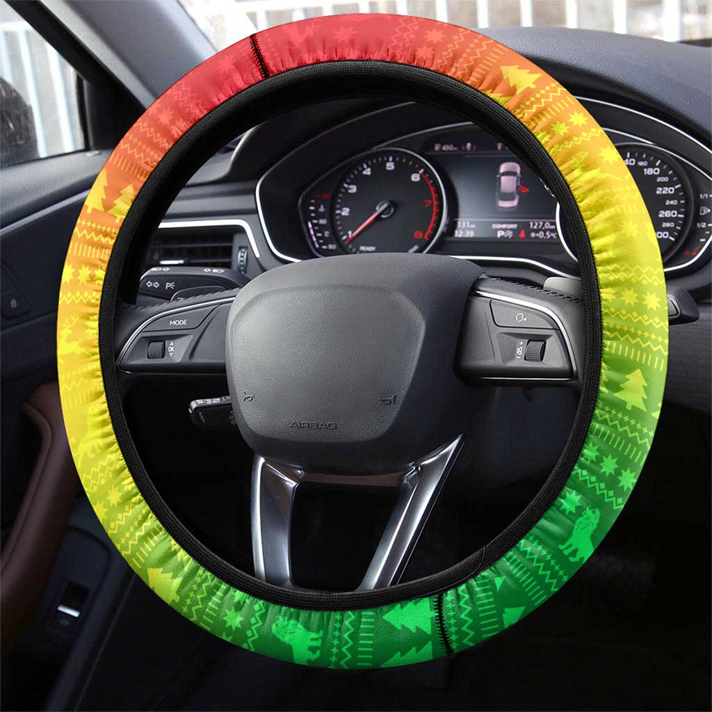 Ethiopia Christmas Steering Wheel Cover with Mountain Gazelle Sunset Ethiopian Flag Colors and Tribal Pattern Design - Wonder Print Shop