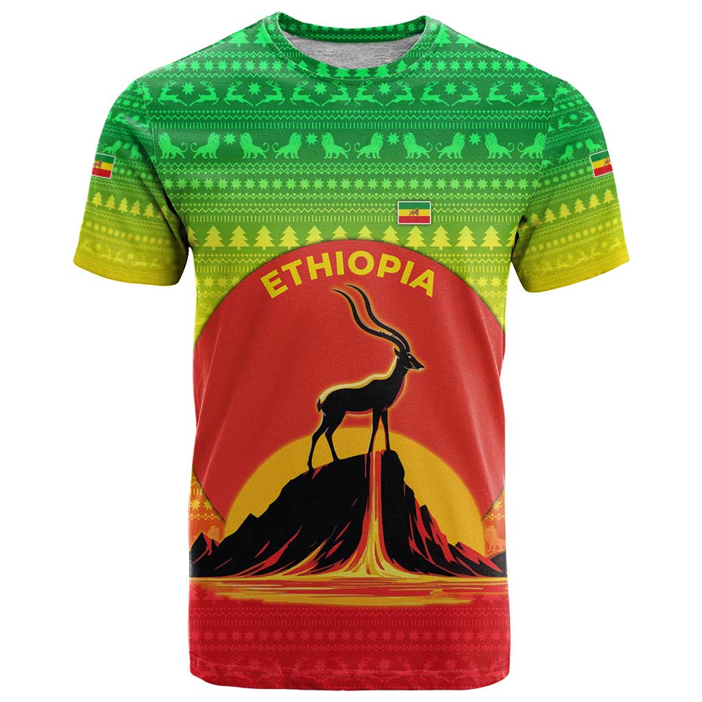 Ethiopia Christmas T Shirt with Mountain Gazelle Sunset Ethiopian Flag Colors and Tribal Pattern Design - Wonder Print Shop