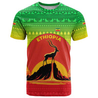 Ethiopia Christmas T Shirt with Mountain Gazelle Sunset Ethiopian Flag Colors and Tribal Pattern Design - Wonder Print Shop