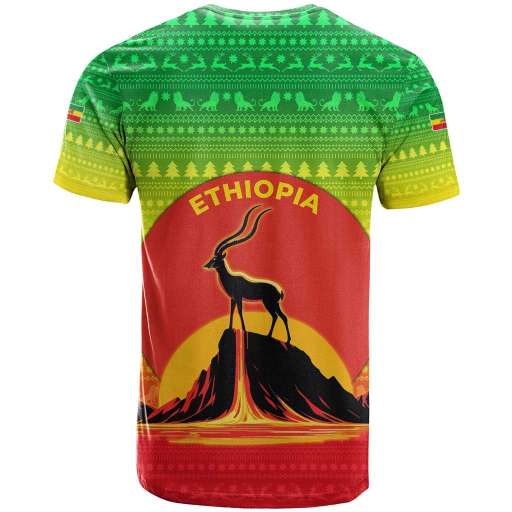 Ethiopia Christmas T Shirt with Mountain Gazelle Sunset Ethiopian Flag Colors and Tribal Pattern Design - Wonder Print Shop