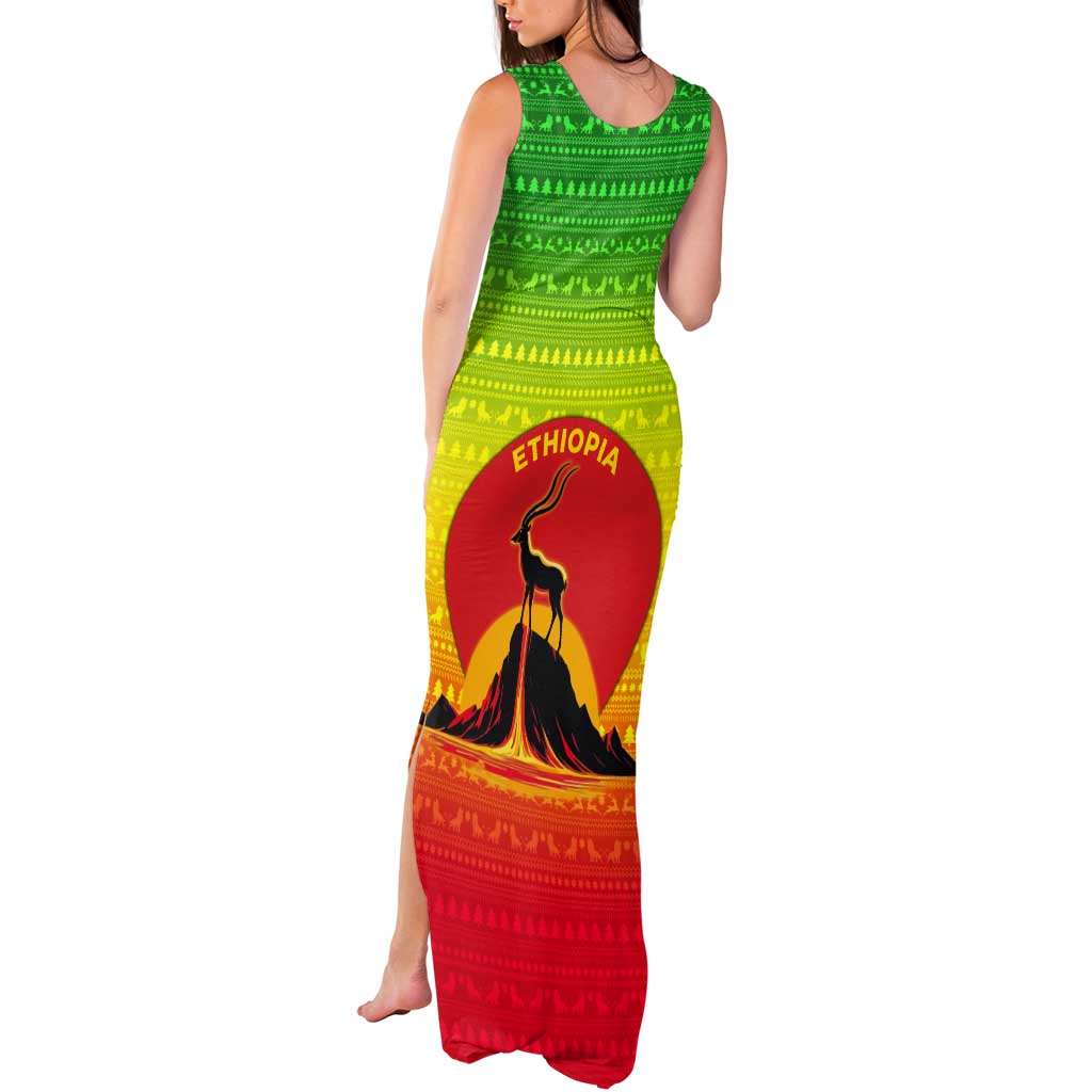 Ethiopia Christmas Tank Maxi Dress with Mountain Gazelle Sunset Ethiopian Flag Colors and Tribal Pattern Design - Wonder Print Shop
