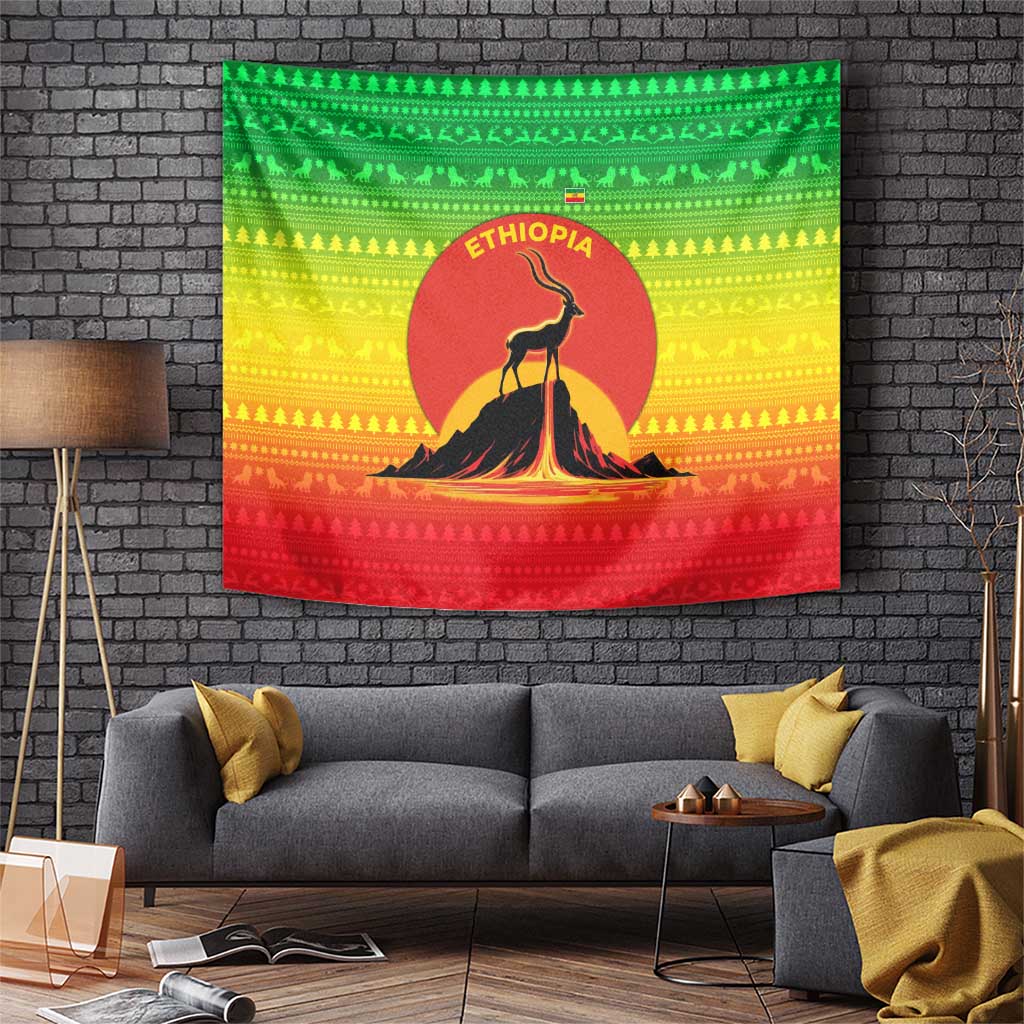Ethiopia Christmas Tapestry with Mountain Gazelle Sunset Ethiopian Flag Colors and Tribal Pattern Design - Wonder Print Shop