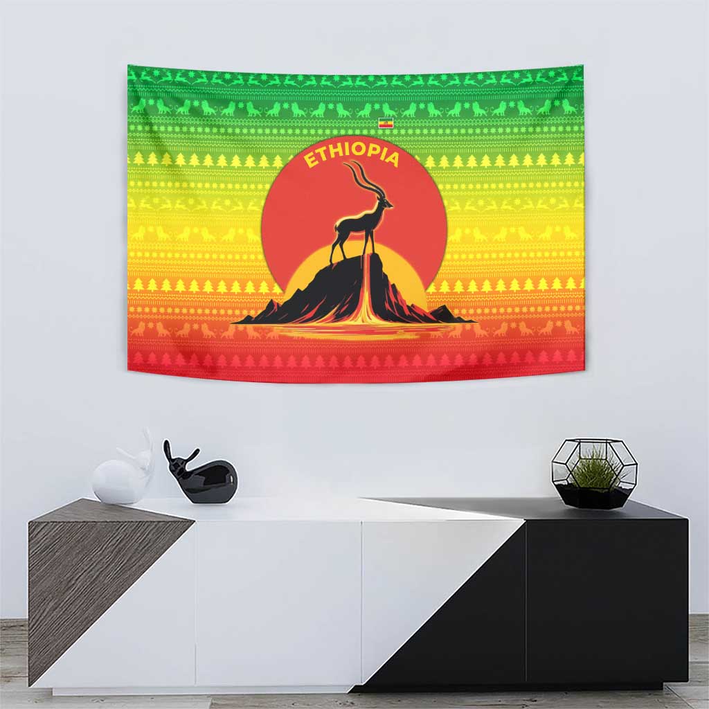 Ethiopia Christmas Tapestry with Mountain Gazelle Sunset Ethiopian Flag Colors and Tribal Pattern Design - Wonder Print Shop