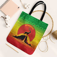 Ethiopia Christmas Tote Bag with Mountain Gazelle Sunset Ethiopian Flag Colors and Tribal Pattern Design - Wonder Print Shop