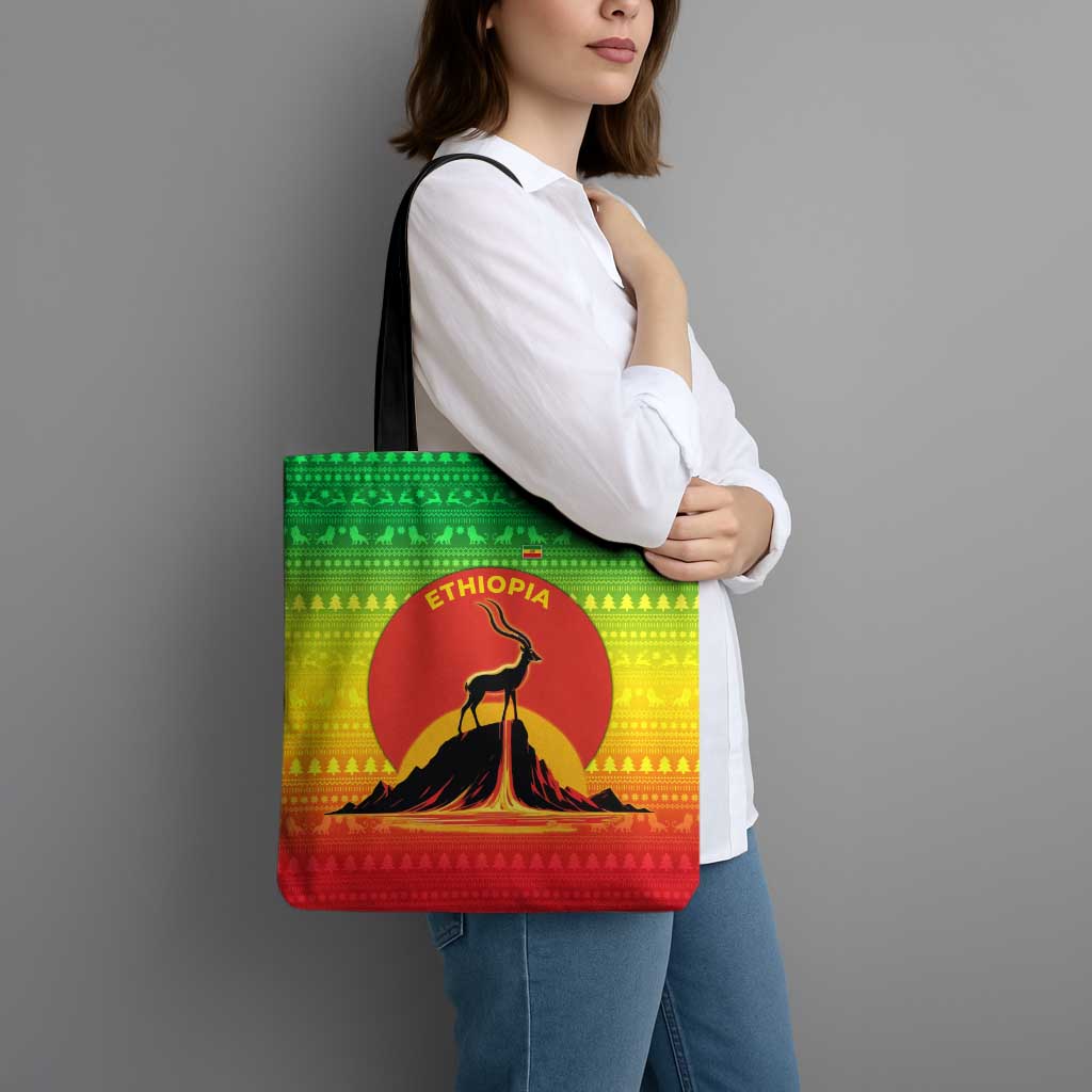 Ethiopia Christmas Tote Bag with Mountain Gazelle Sunset Ethiopian Flag Colors and Tribal Pattern Design - Wonder Print Shop