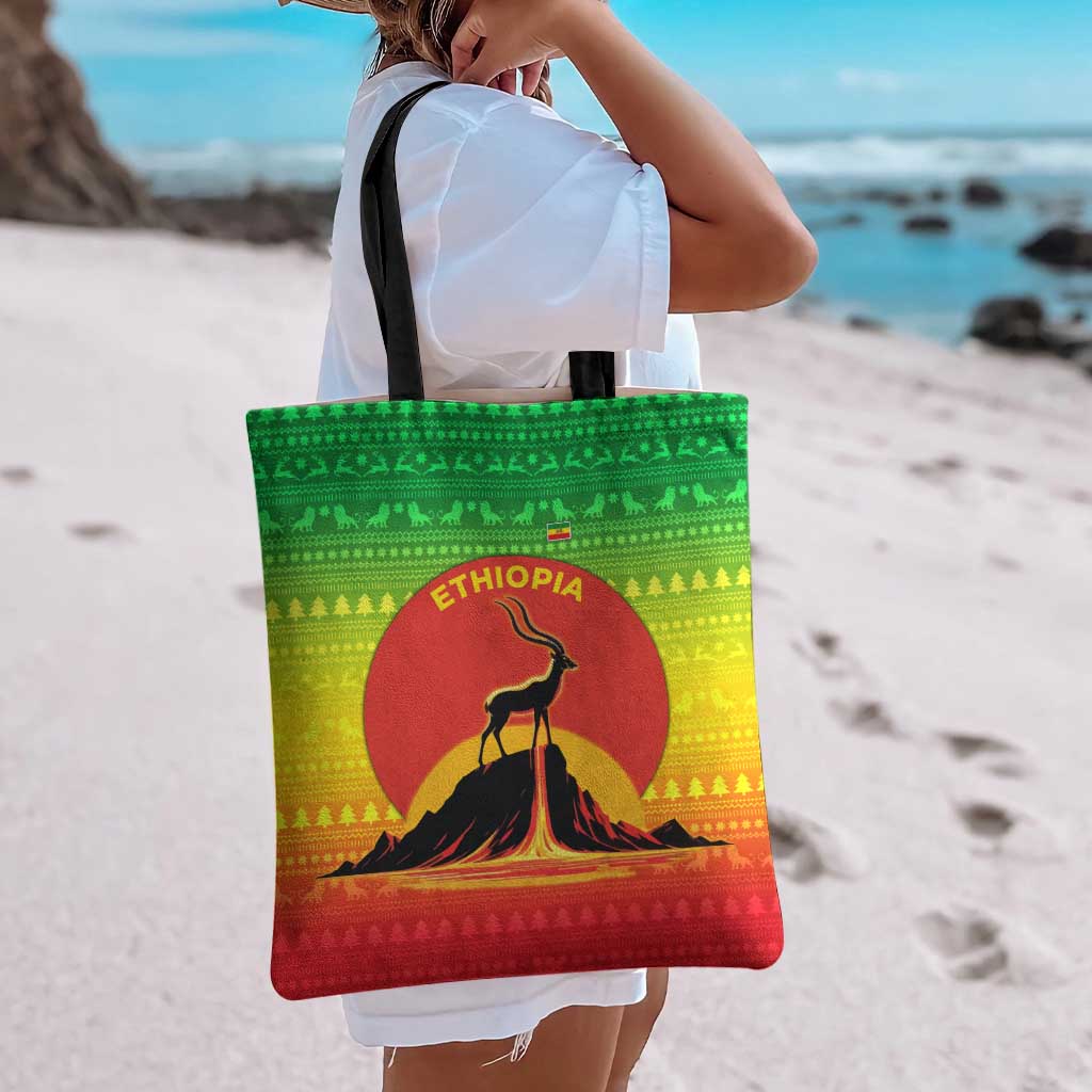 Ethiopia Christmas Tote Bag with Mountain Gazelle Sunset Ethiopian Flag Colors and Tribal Pattern Design - Wonder Print Shop