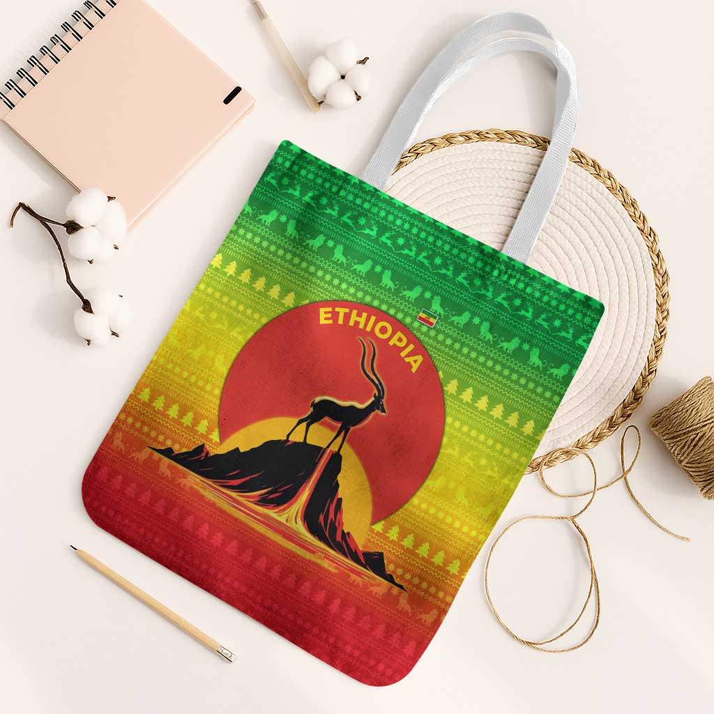 Ethiopia Christmas Tote Bag with Mountain Gazelle Sunset Ethiopian Flag Colors and Tribal Pattern Design - Wonder Print Shop