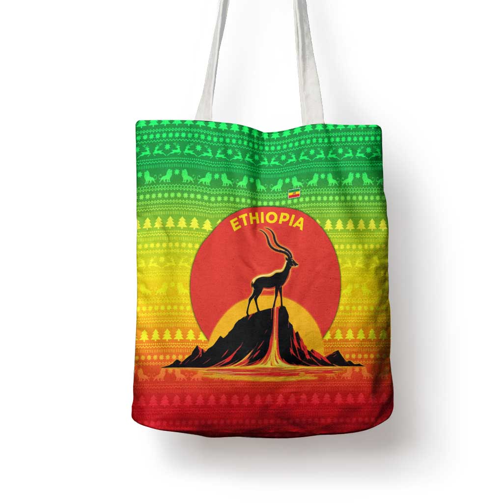 Ethiopia Christmas Tote Bag with Mountain Gazelle Sunset Ethiopian Flag Colors and Tribal Pattern Design - Wonder Print Shop