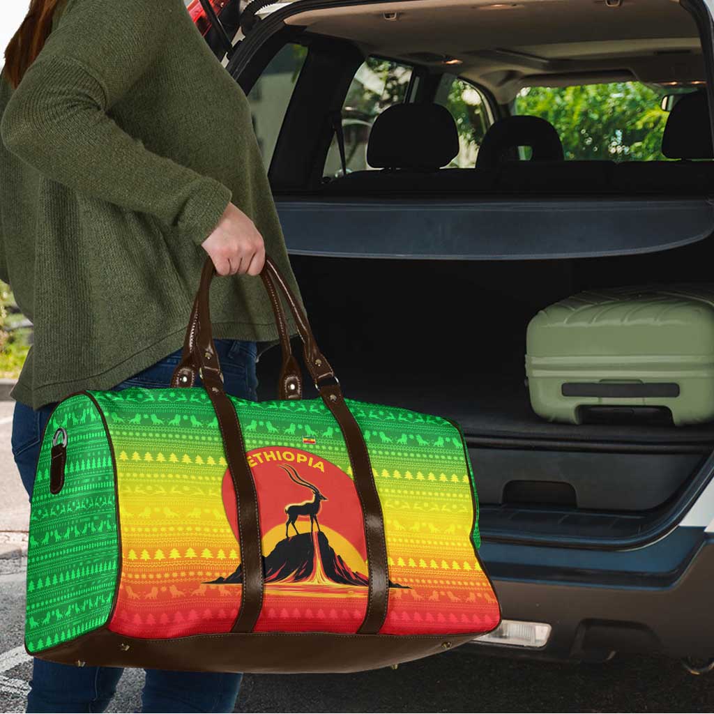 Ethiopia Christmas Travel Bag with Mountain Gazelle Sunset Ethiopian Flag Colors and Tribal Pattern Design - Wonder Print Shop