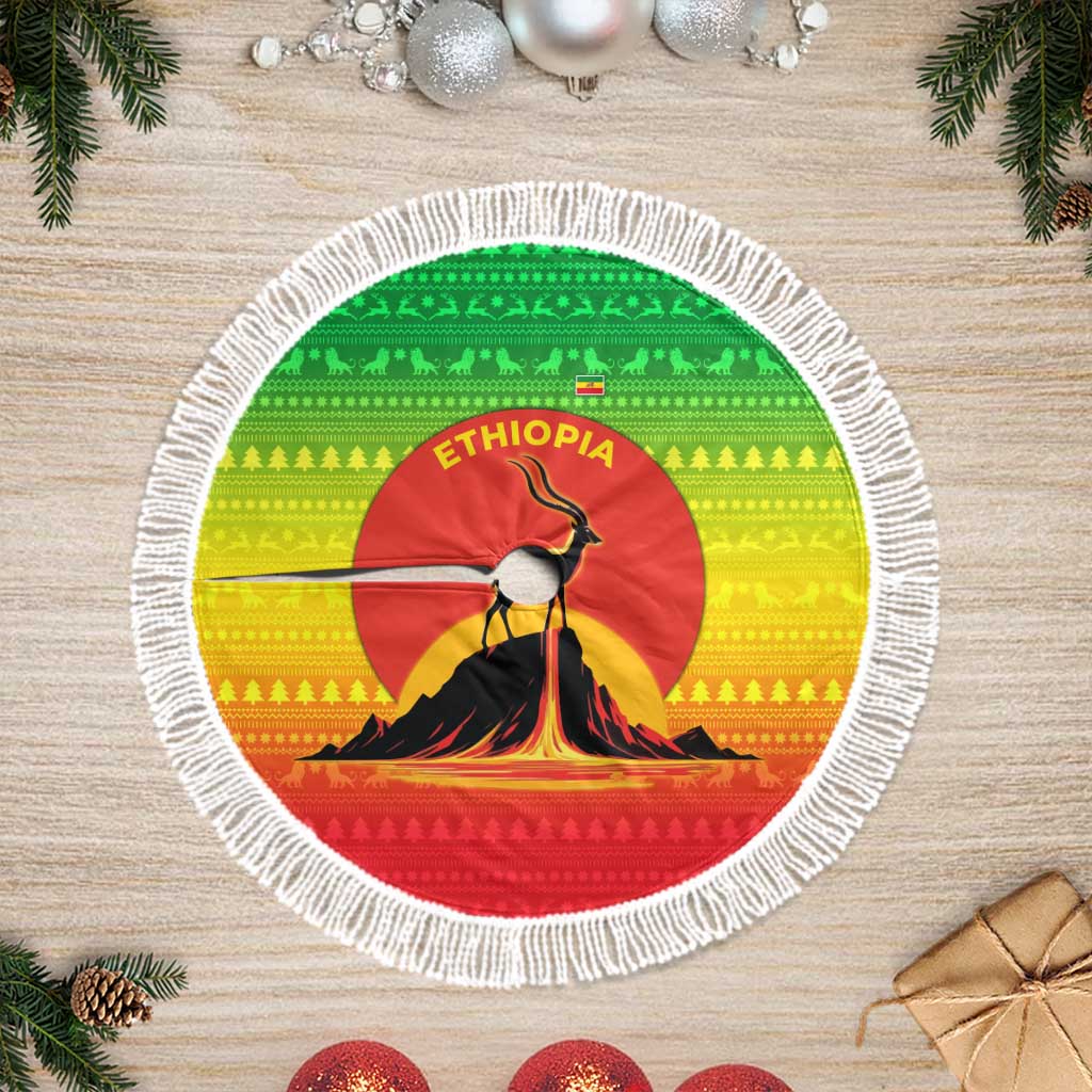 Ethiopia Christmas Tree Skirt with Mountain Gazelle Sunset Ethiopian Flag Colors and Tribal Pattern Design - Wonder Print Shop